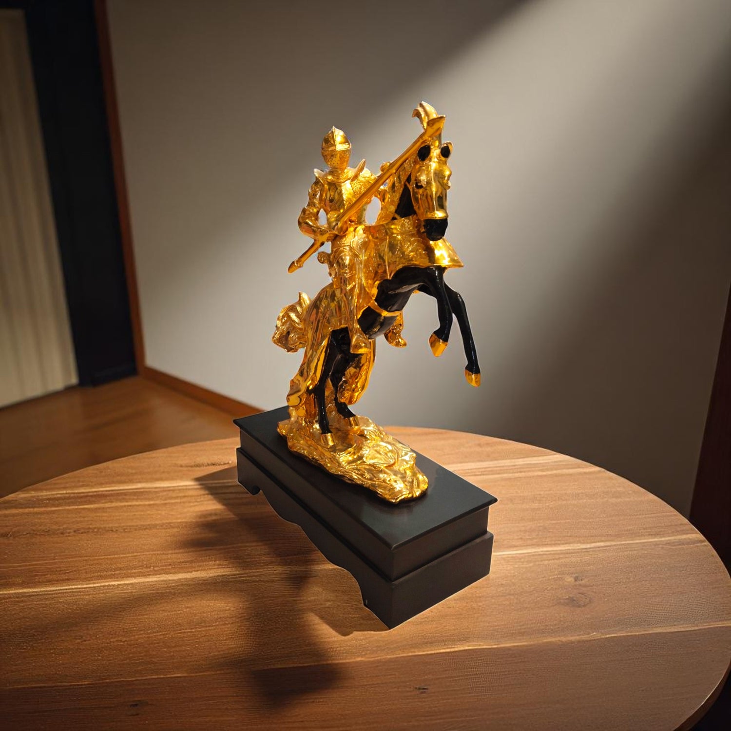  Side view of metallic golden horse and rider home decor showpiece