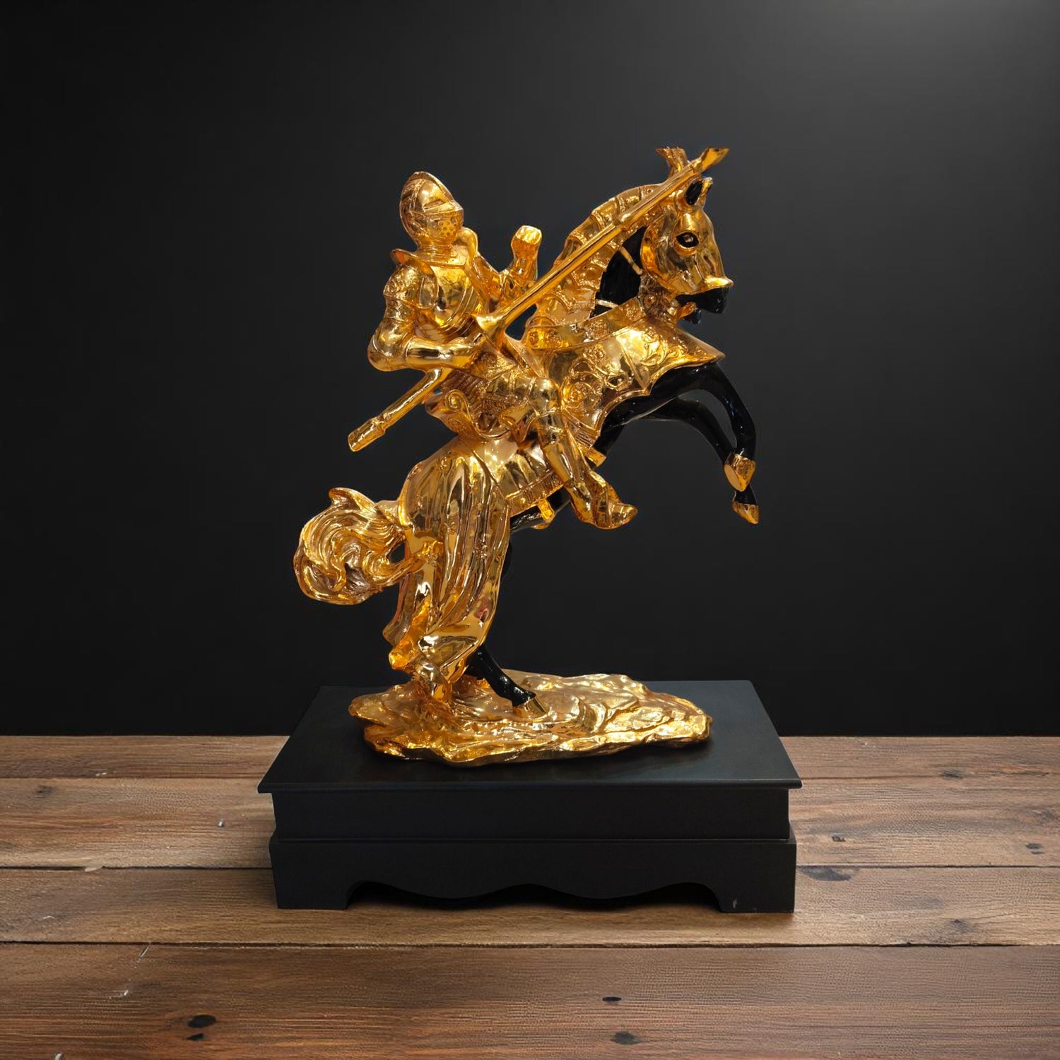  Front view of golden warrior on horseback decorative showpiece