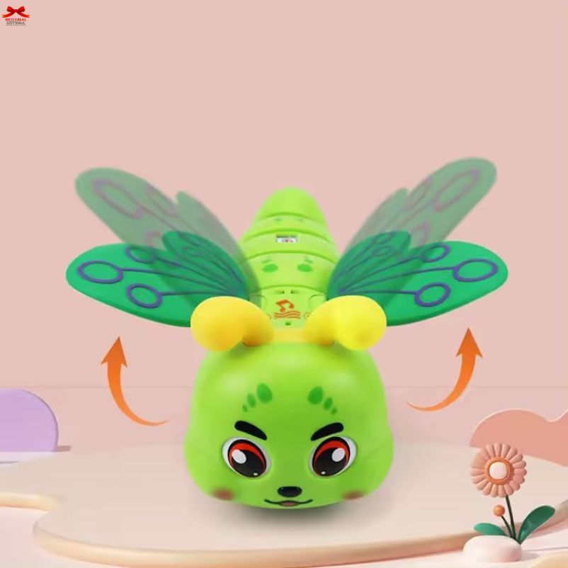 Green toy bee with yellow accents on a pink background