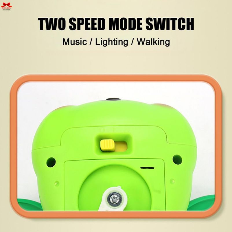 Green device with two speed mode switch labeled 'Music', 'Lighting', and 'Walking' on a beige background.