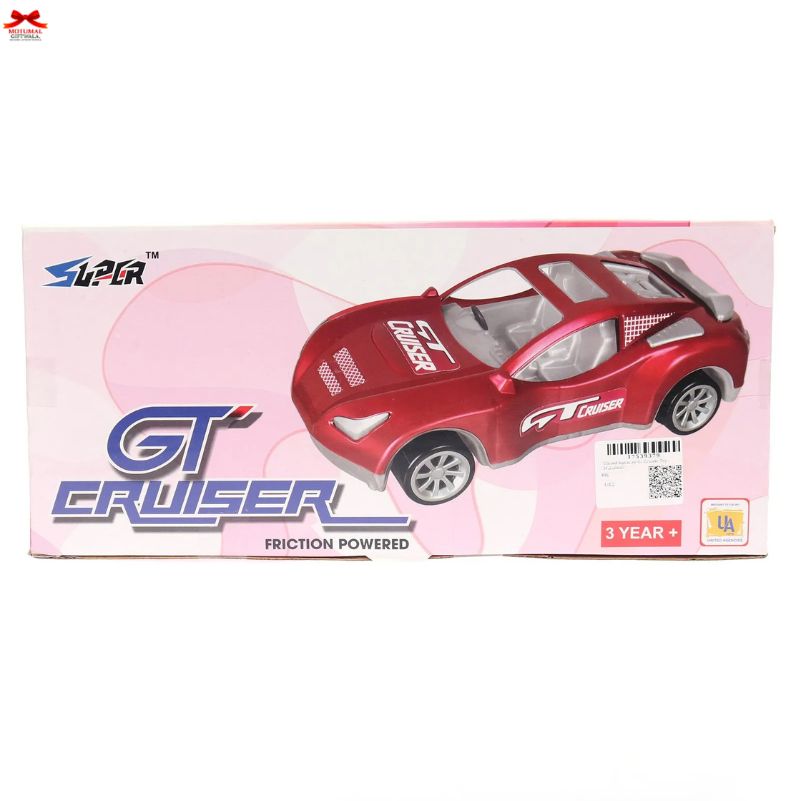 Red toy car with 'GT Cruiser' branding on a pink box