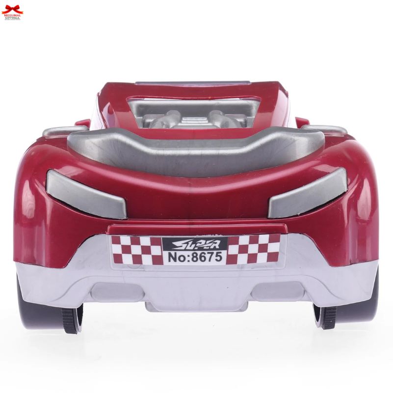 Red toy car with a checkered pattern and number on a white background