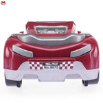 Red toy car with a checkered pattern and number on a white background