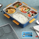 Multicolored compartmentalized lunch box with food items on a blue surface, including a small inset of cutlery.