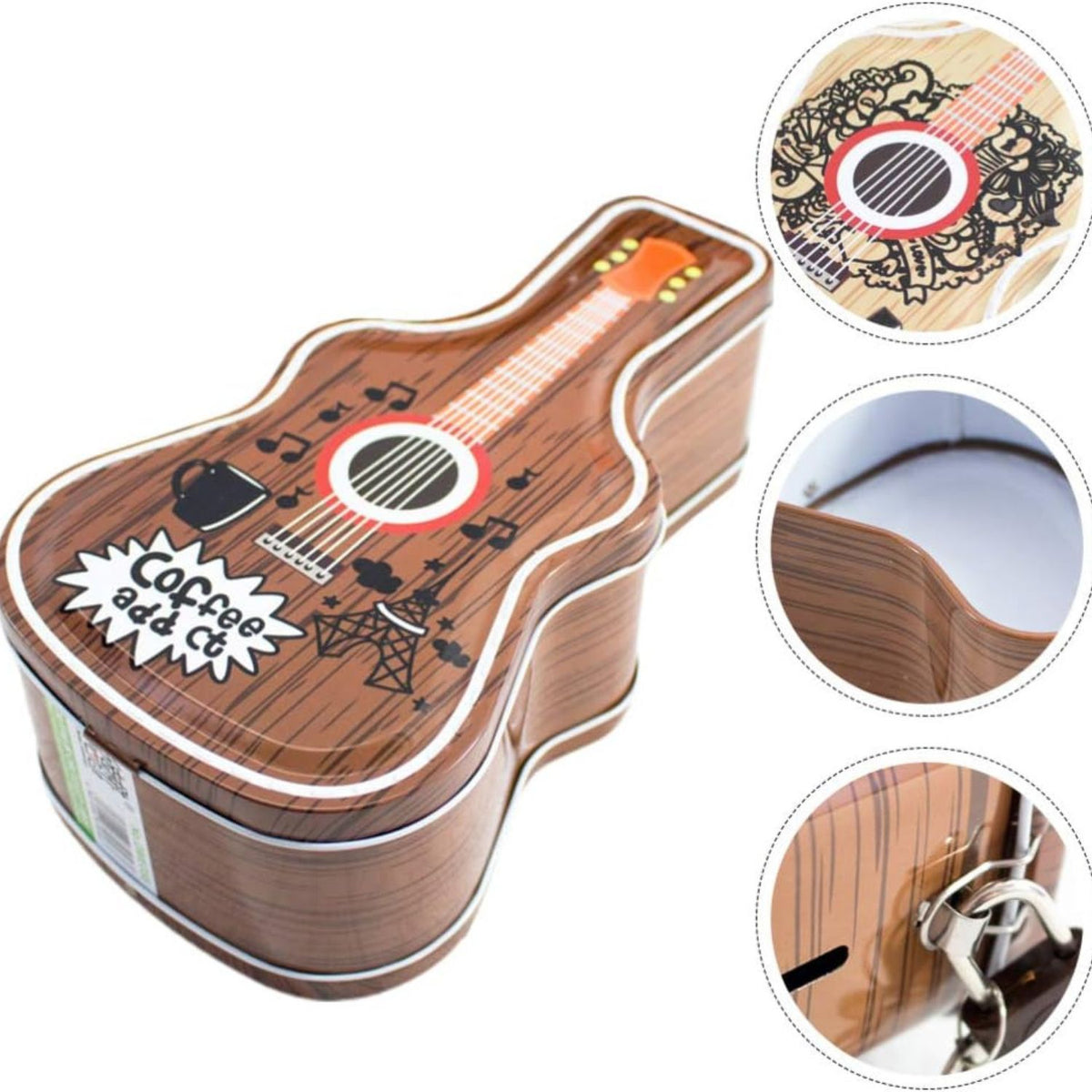 Brown guitar shaped metal coin bank with coffee addict design and lock Motumal Giftwala