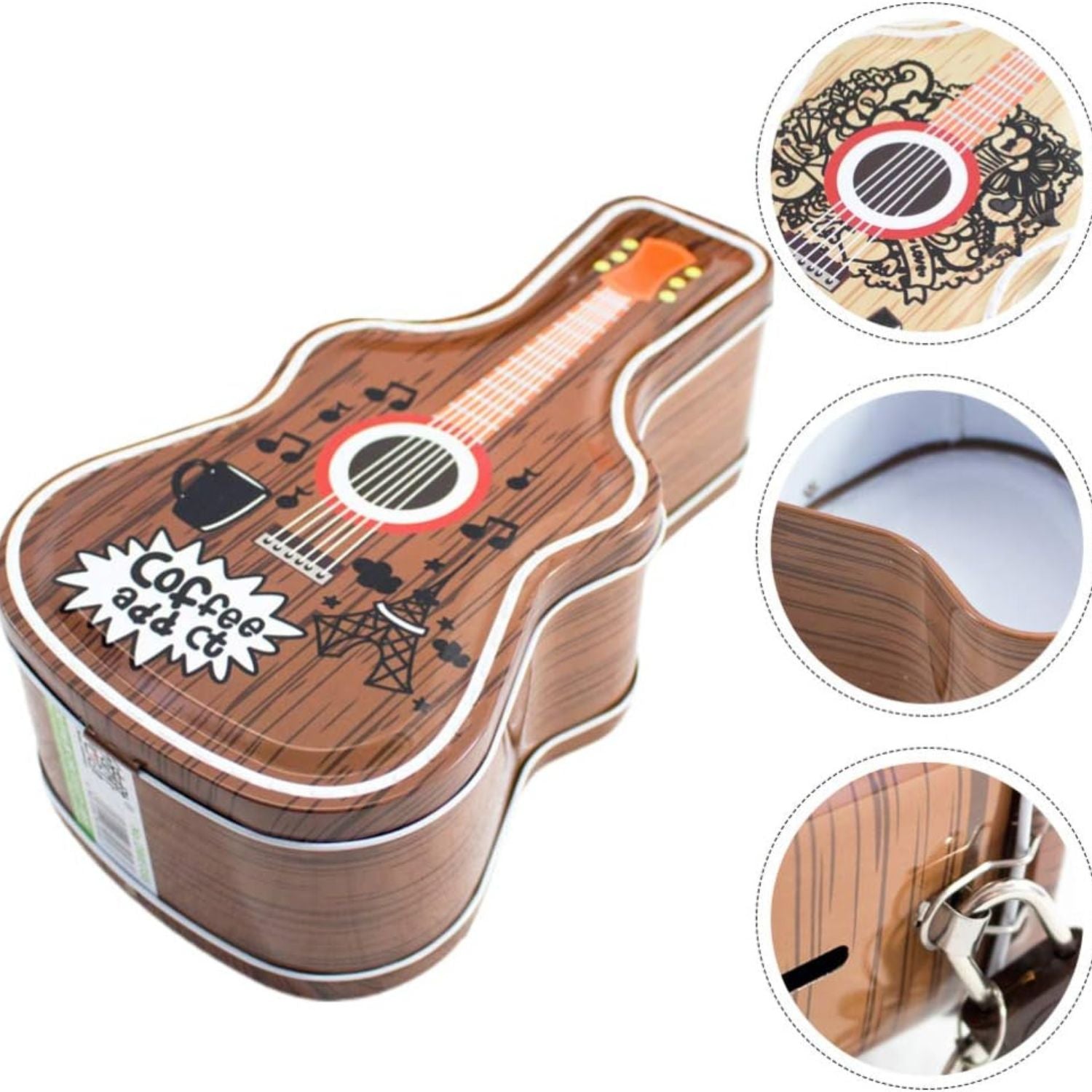 Brown guitar shaped metal coin bank with coffee addict design and lock Motumal Giftwala