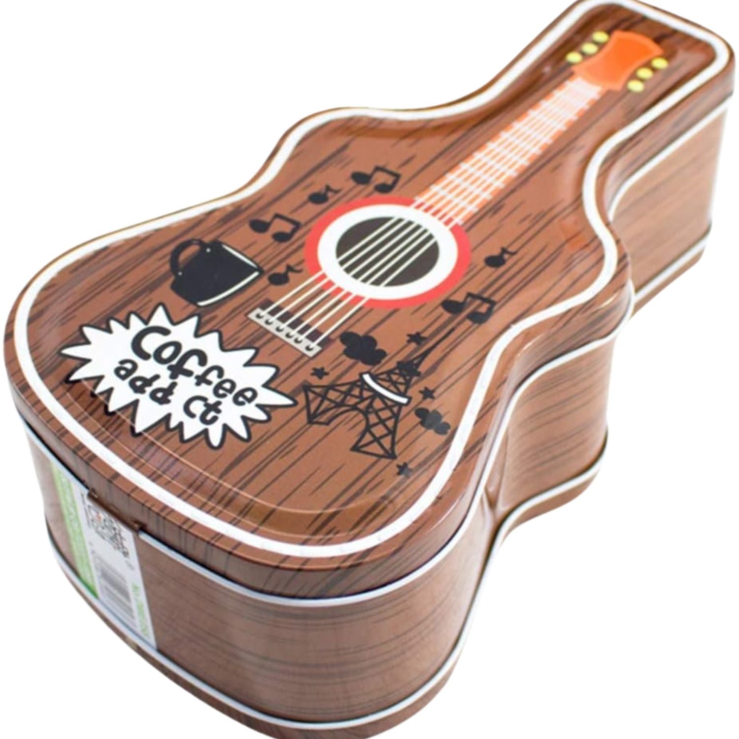 Brown guitar shape metal money bank open view showing fine workmanship and storage space Motumal Giftwala