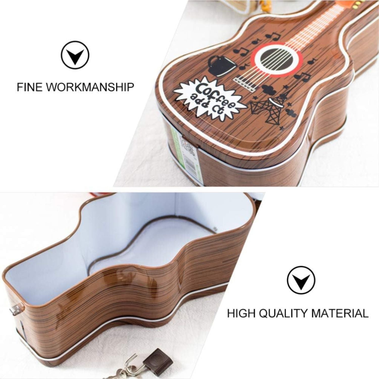 Bright red guitar shaped metal piggy bank box with colorful music text for kids Motumal Giftwala