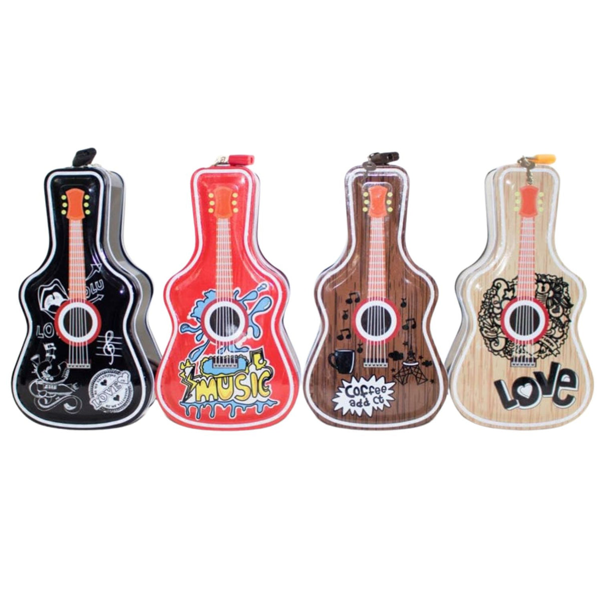 Set of four guitar shaped metal money banks in black red wooden and beige designs Motumal Giftwala