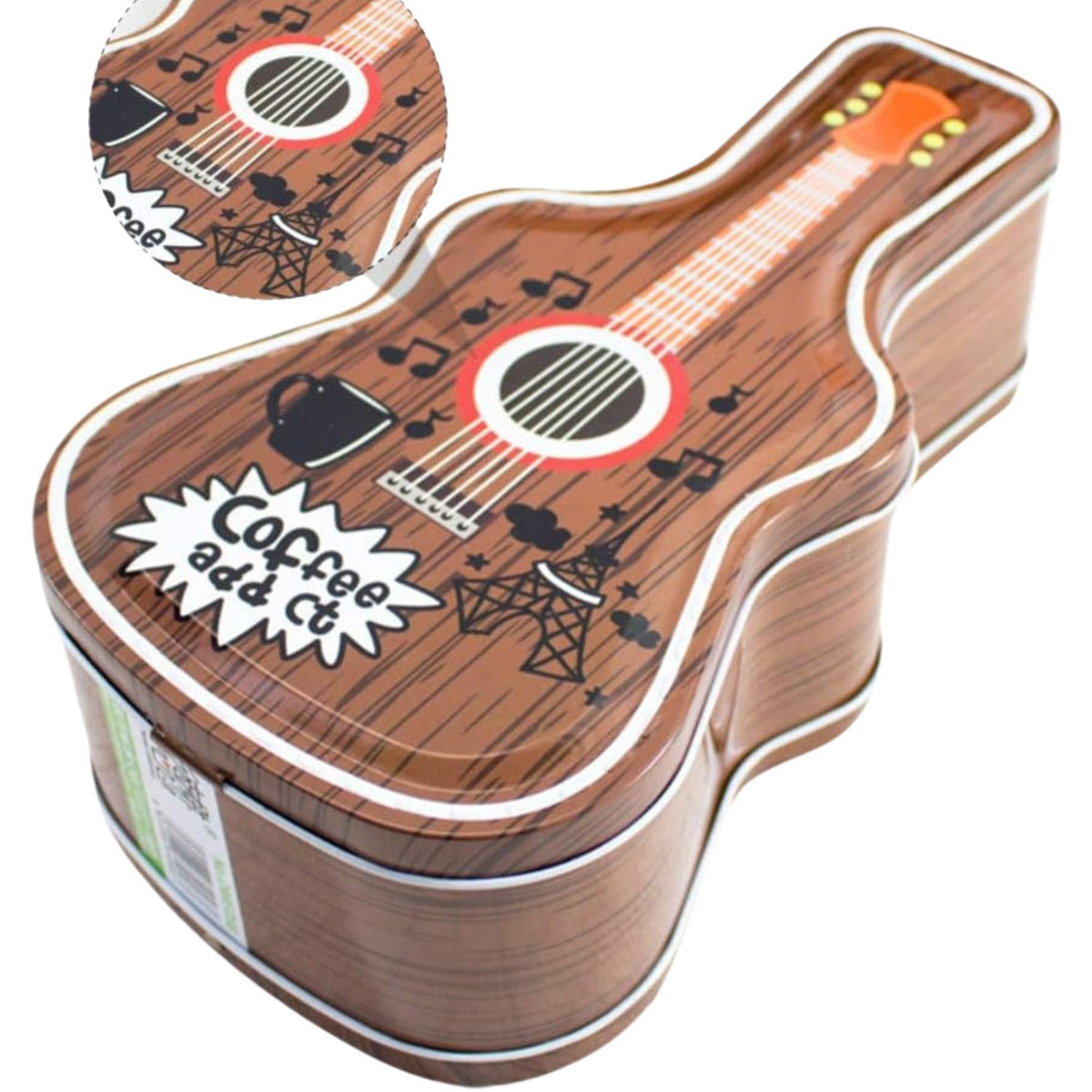 Wooden guitar shaped coin bank closeup details with metal lock and smooth finish Motumal Giftwala