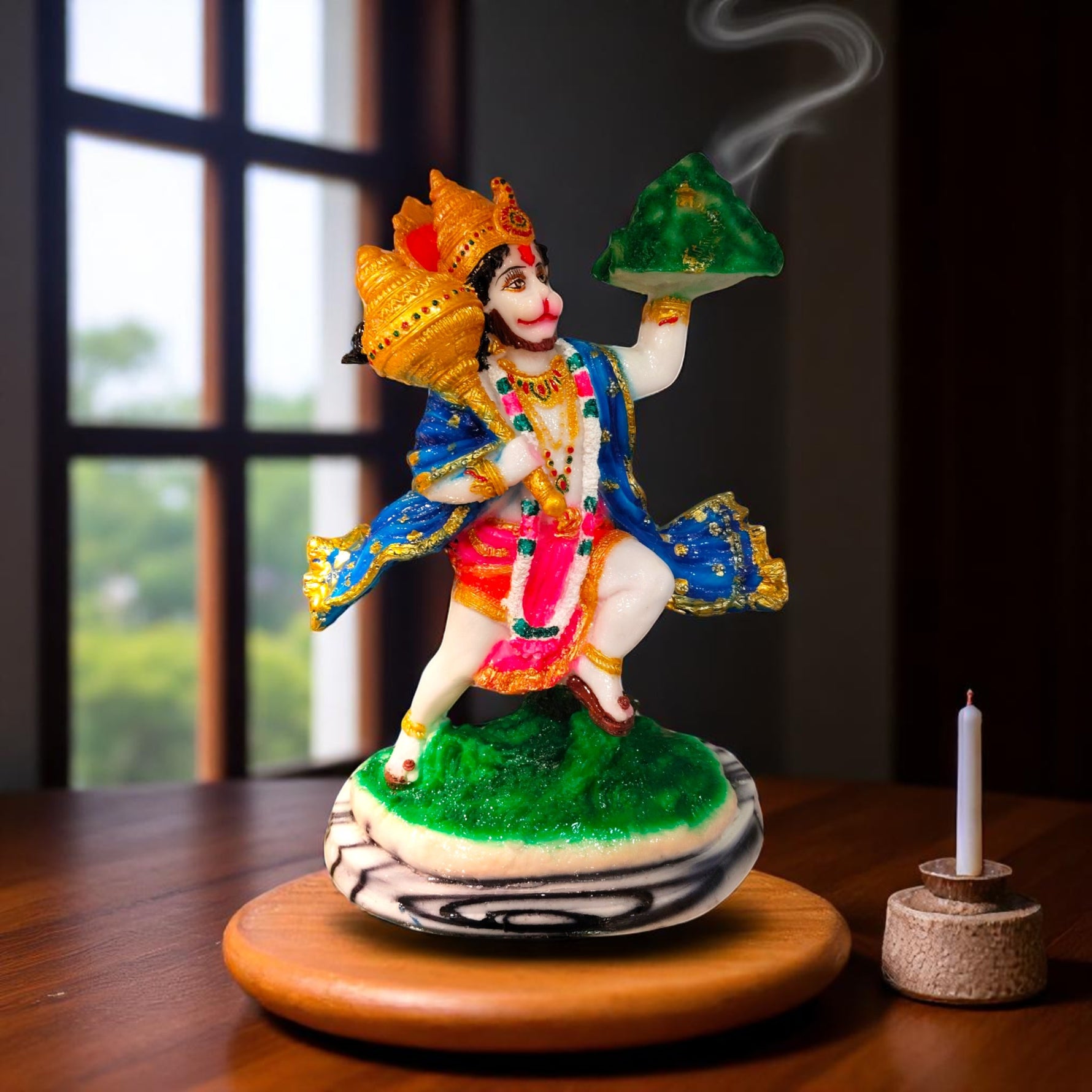 Front view of Hanuman idol holding Sanjeevani Parvat and Gada – devotional pooja showpiece