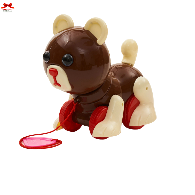 Toy bear with red wheels on a white background