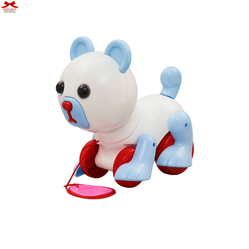 Toy animal with white body, blue ears, and red accents on a white background