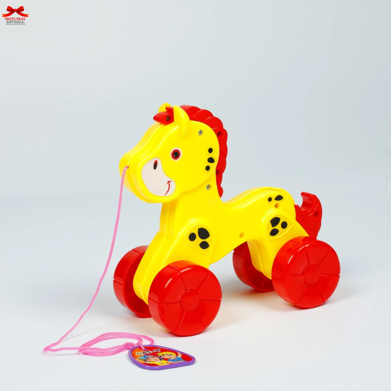 Yellow toy horse with red wheels on a white background