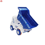 Toy dump truck with blue bed and white body on a white background