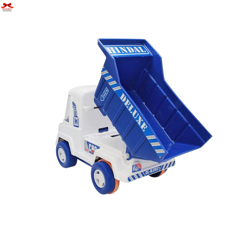 Toy dump truck with blue bed and white body on a white background