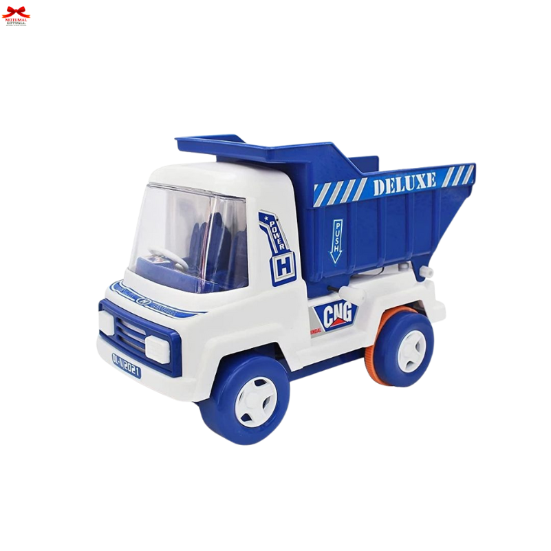 Toy dump truck with blue and white colors on a white background