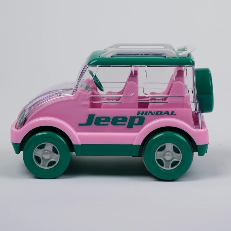 Pink toy car with green accents and 'Jeep' branding on a gray background