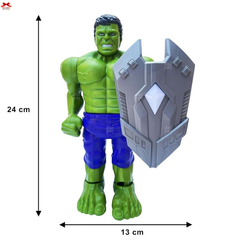 Toy figure of a green superhero with a shield, showing dimensions on a white background.