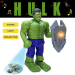 Toy figure of a green superhero holding a shield with sound, light, and projection features.