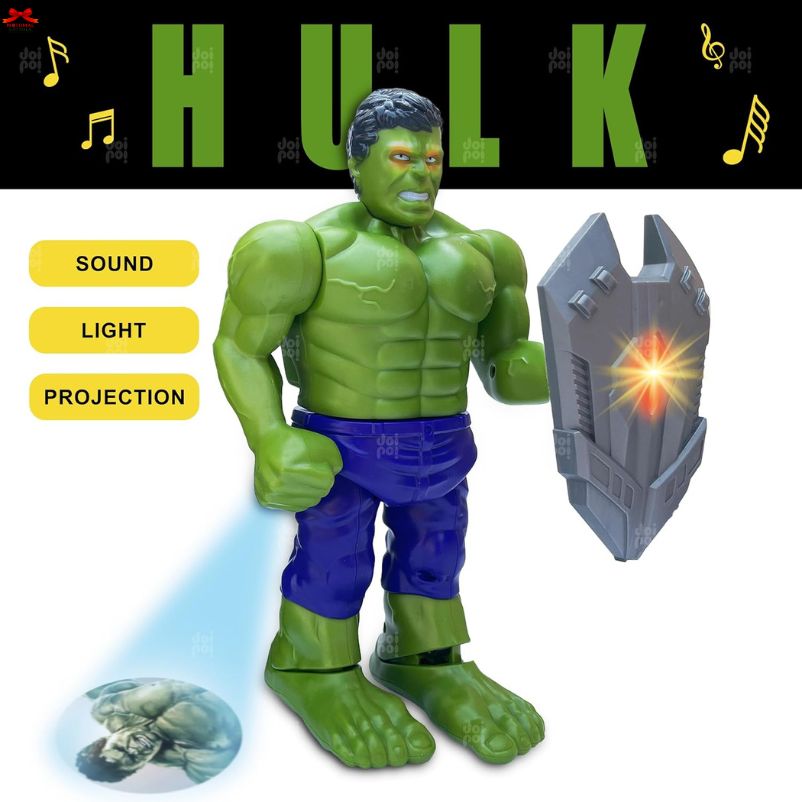 Toy figure of a green superhero holding a shield with sound, light, and projection features.