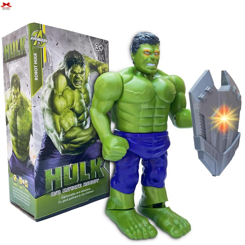 Toy figure of a green superhero with a glowing weapon next to its packaging