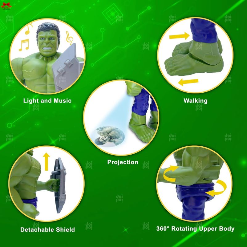 Toy figure with features like light and music, walking, projection, detachable shield, and 360-degree rotating upper body on a green background.