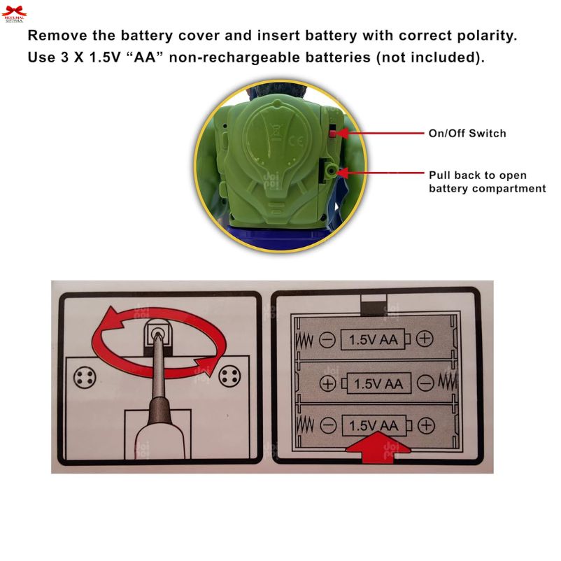 Instructions for inserting batteries into a green device with diagram and text.