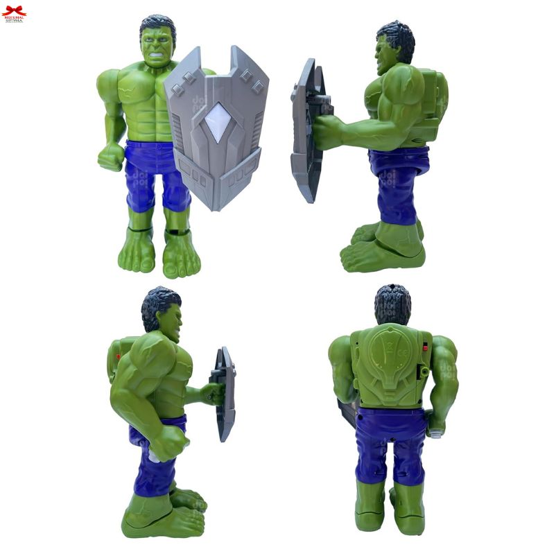 Green superhero figure with a shield on a white background