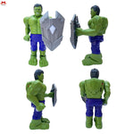 Green superhero figure with a shield on a white background