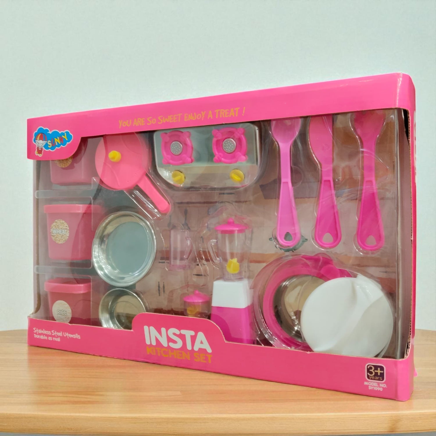 Insta Kitchen Set toy packaging top side view by Sunny Toyz showing pink utensils and accessories