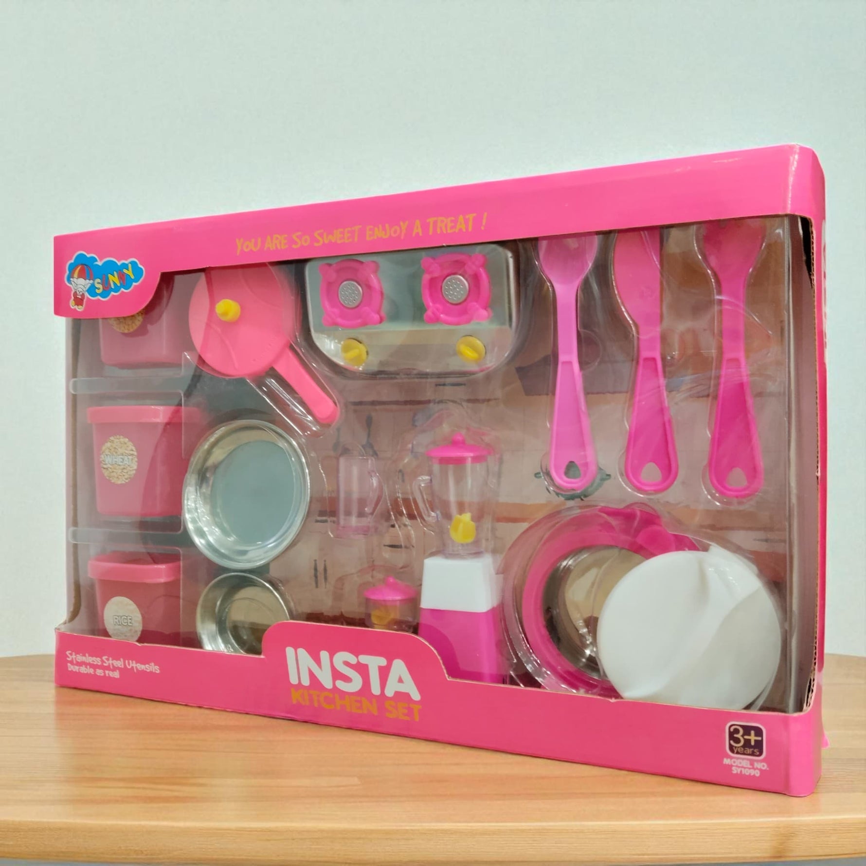 Insta Kitchen Set toy packaging top side view by Sunny Toyz showing pink utensils and accessories