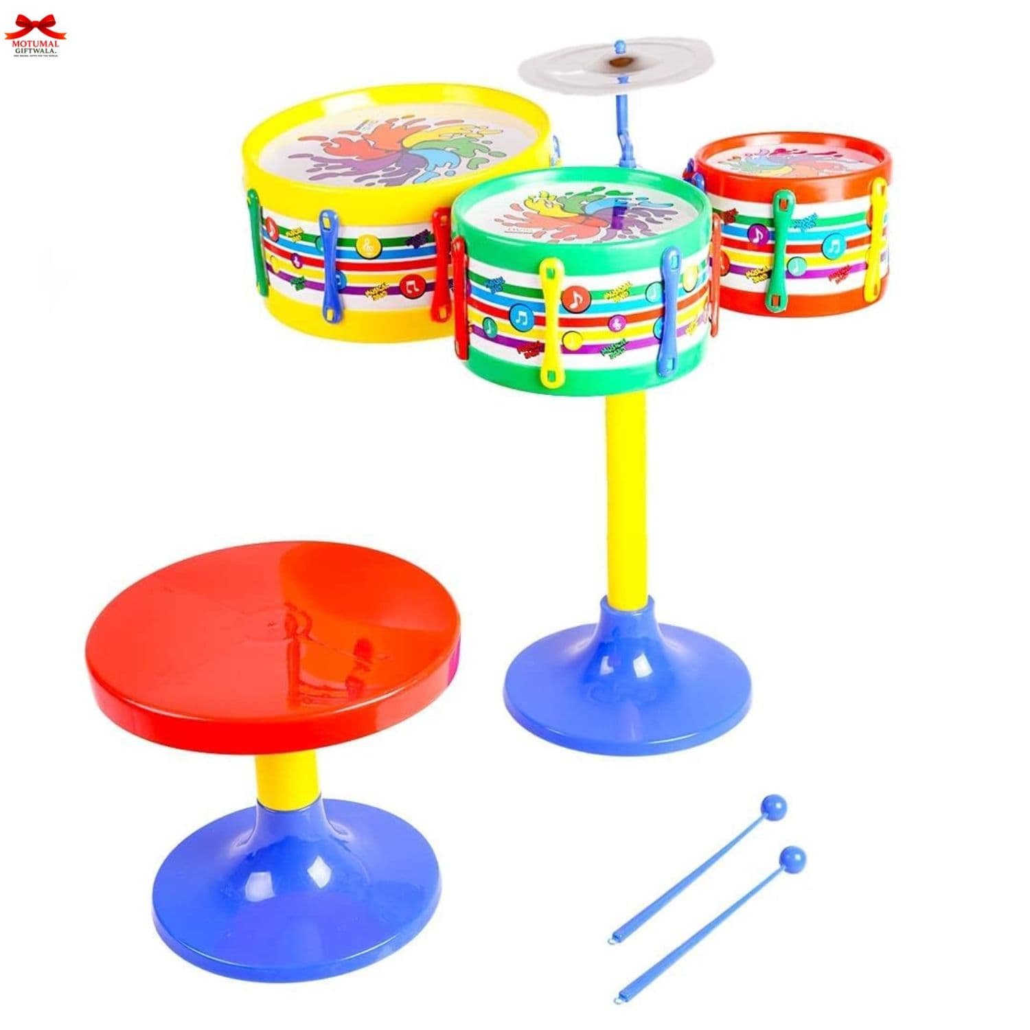 Colorful toy drum set with stands and mallets on a white background