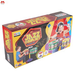 Box of a jazz drum set with colorful design and child playing drums on a white background