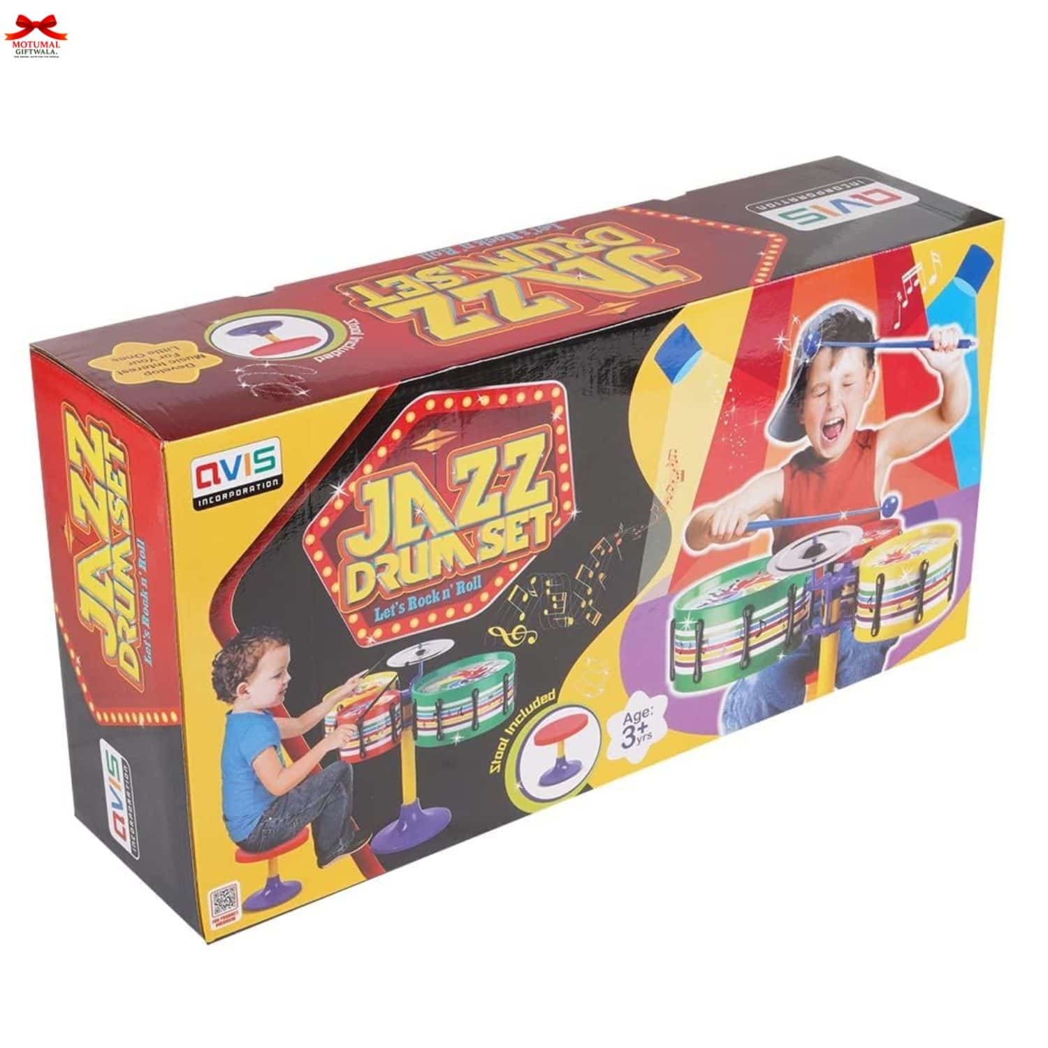 Box of a jazz drum set with colorful design and child playing drums on a white background