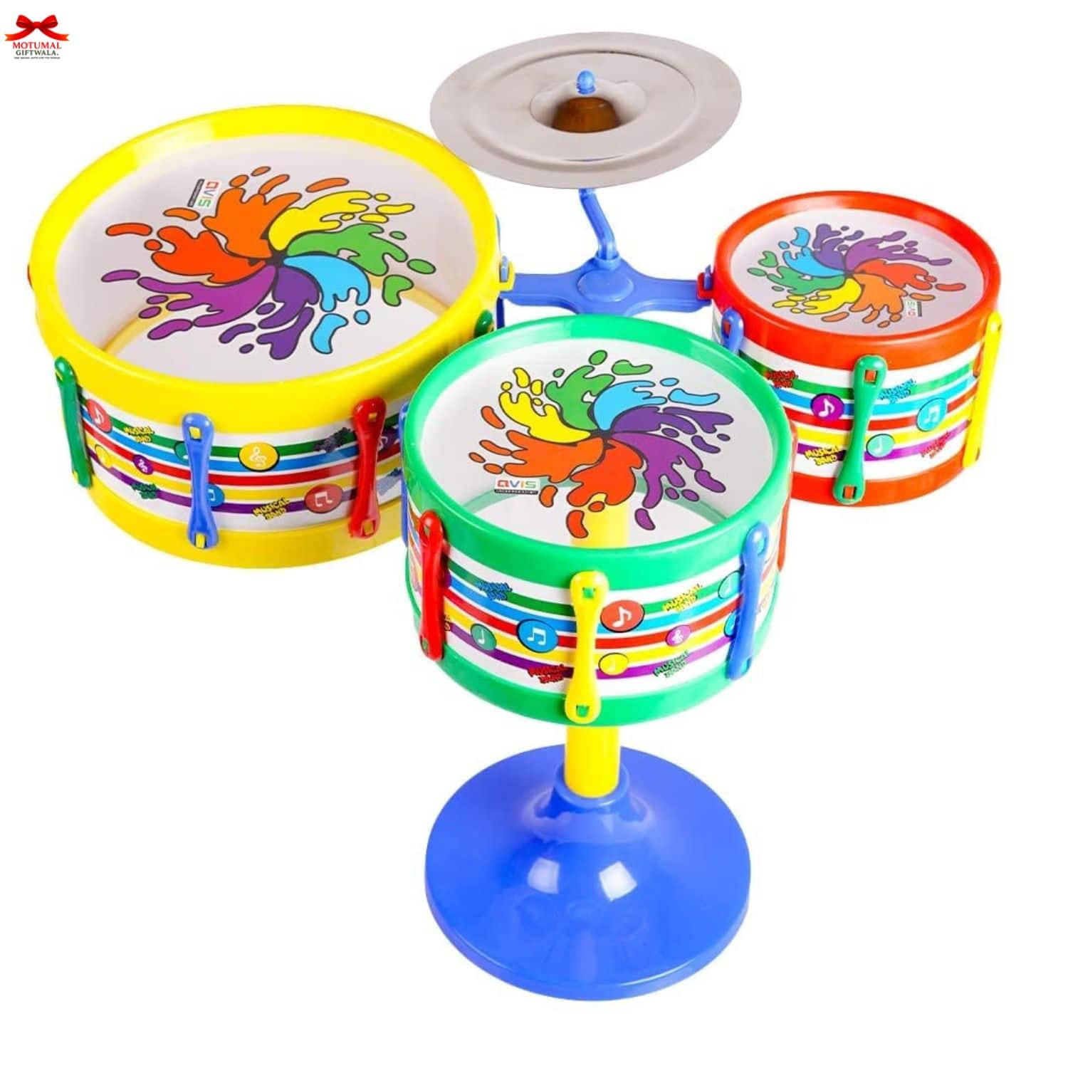 Colorful toy drum set with splatter design on a white background