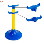 Blue and yellow stand with detachable parts on a white background