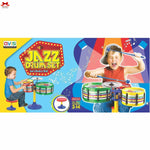 Toy jazz drum set packaging with children playing drums and a microphone.