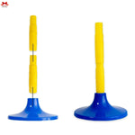 Two blue and yellow training markers on a white background