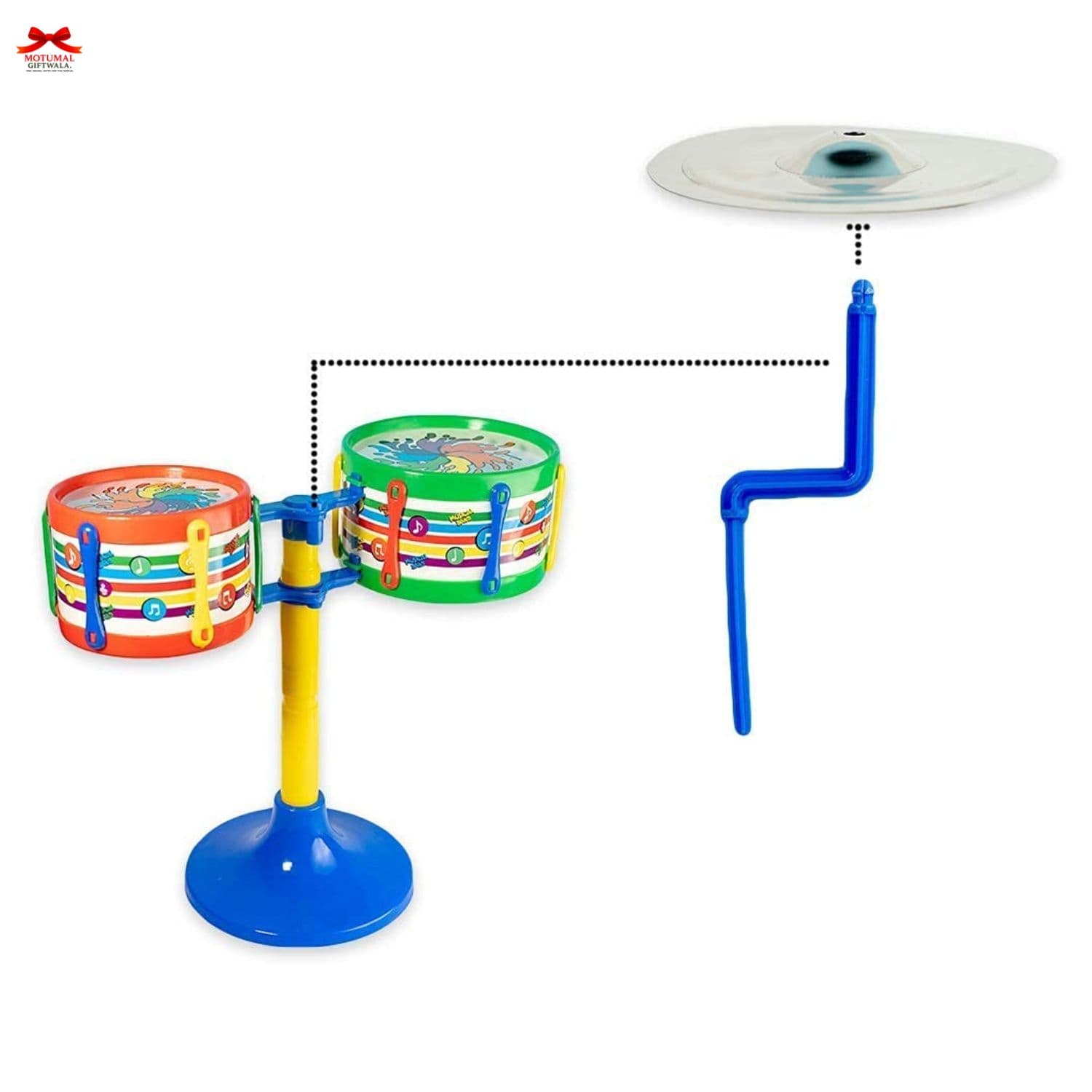 Colorful toy drum set with a stand and additional component on a white background