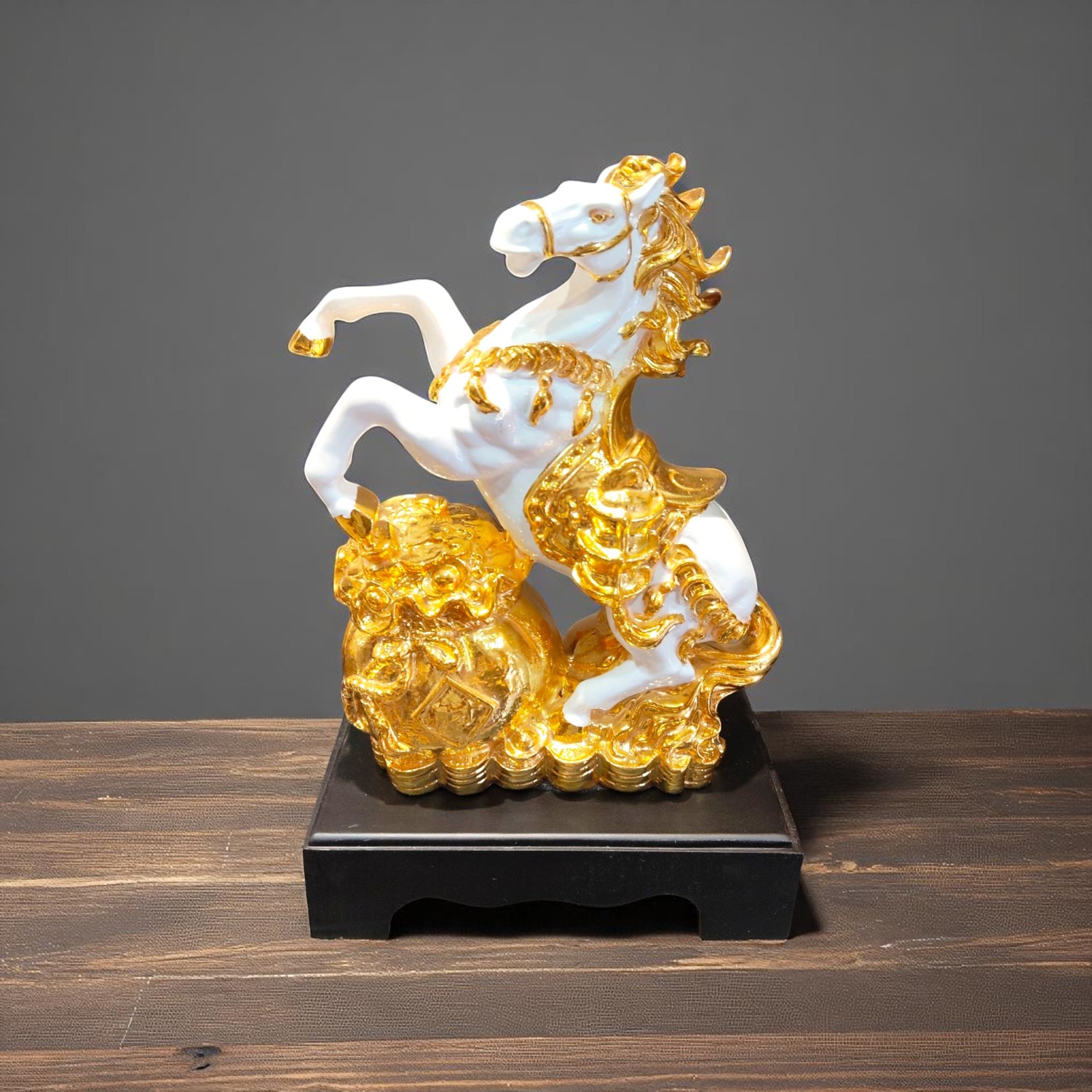 Side angle of horse leaping over money sack in golden finish