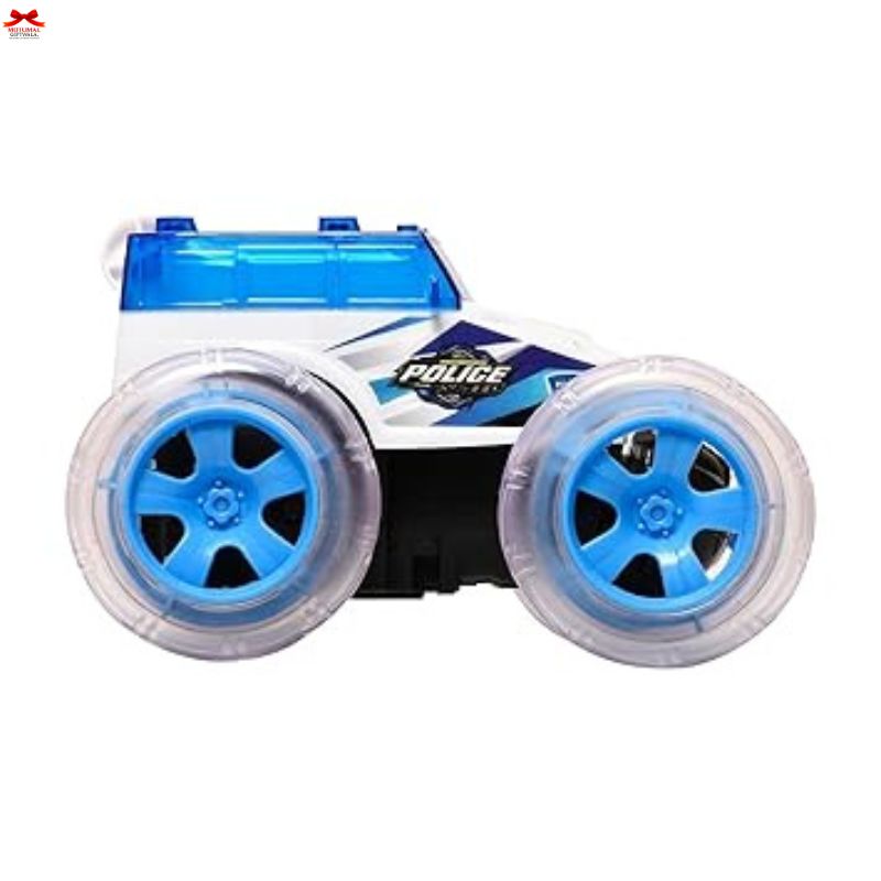 Toy police car with blue wheels on a white background