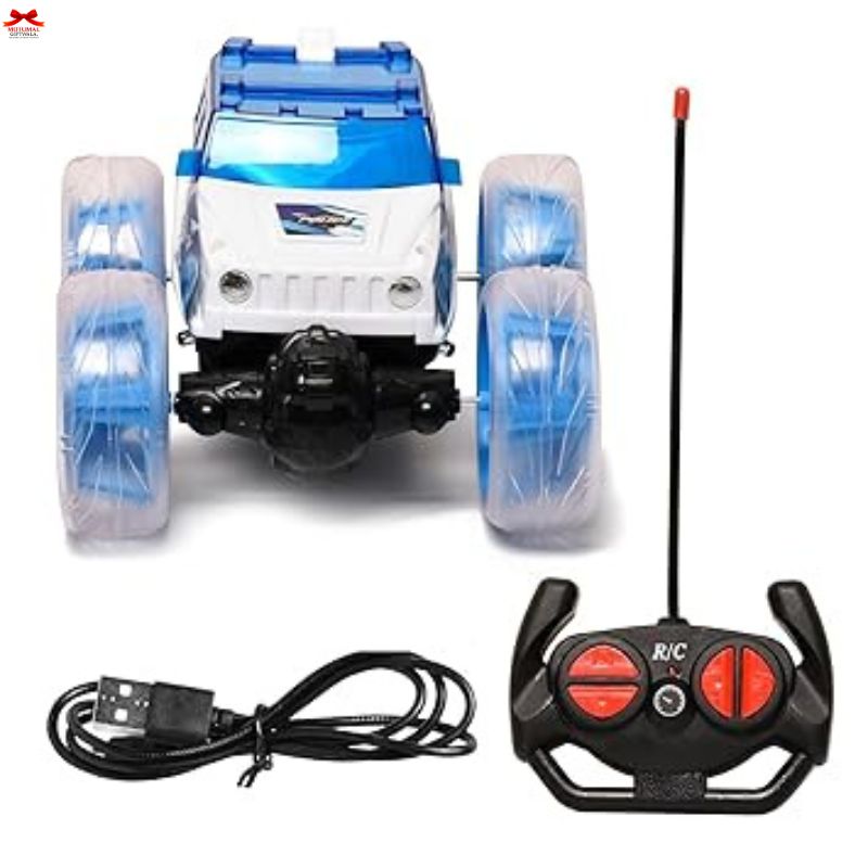 Toy car with blue lights and remote control on a white background