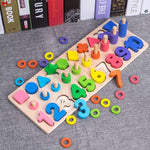 Wooden educational toy with numbers and shapes on a gray surface