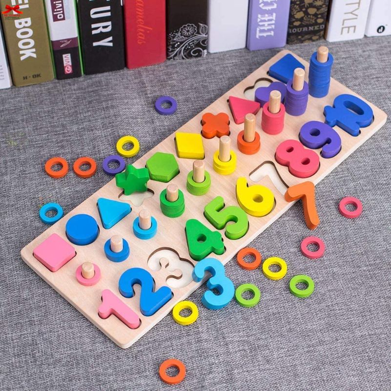 Wooden educational toy with numbers and shapes on a gray surface