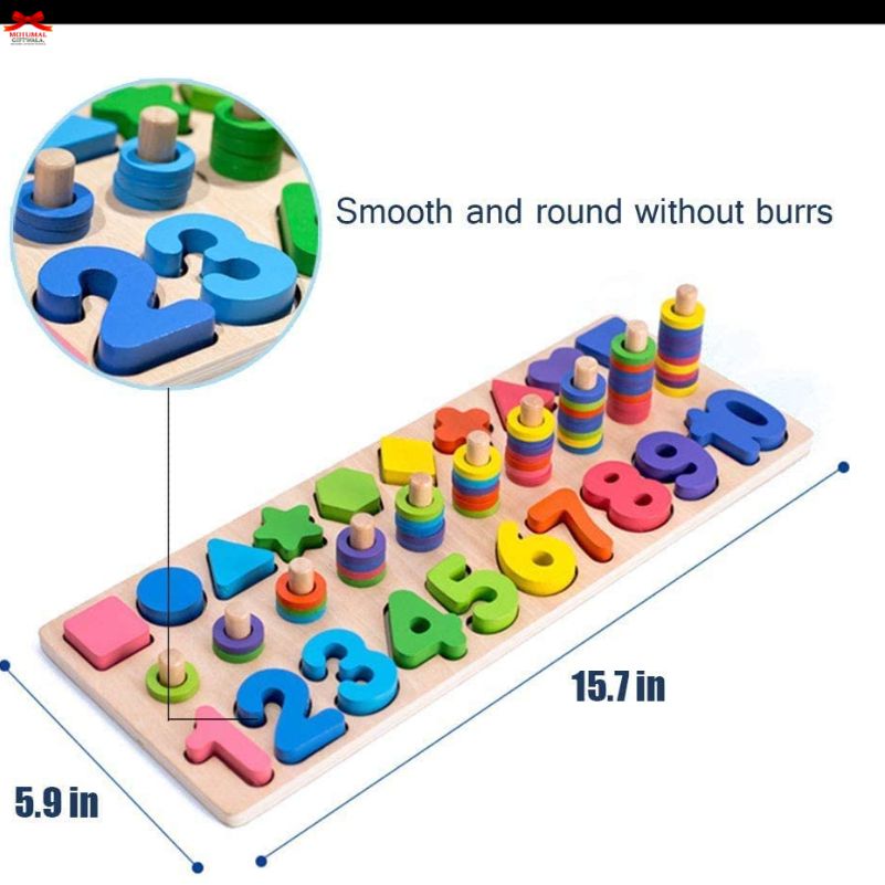 Colorful wooden puzzle with numbers and shapes on a white background