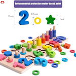 Wooden educational toy with numbers and shapes, featuring measurements and environmental protection label.