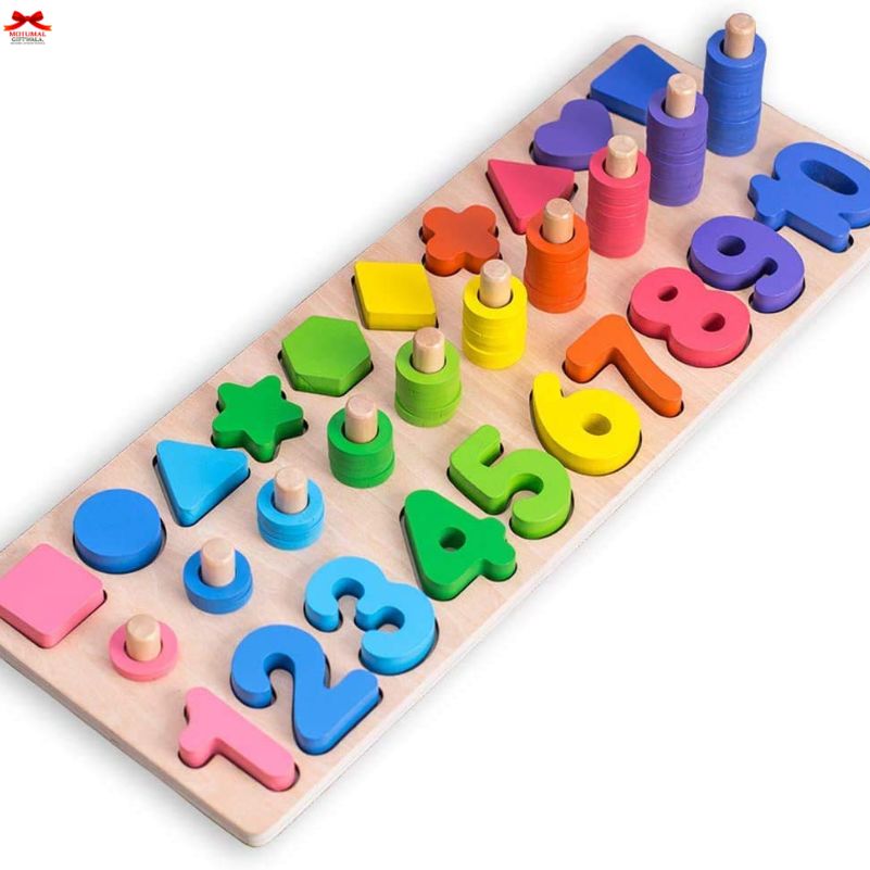 Colorful wooden puzzle with numbers and shapes on a white background