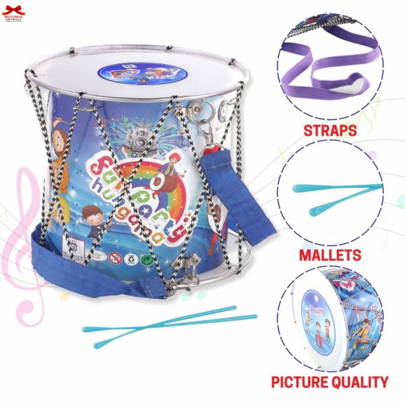 Children's drum set with straps, mallets, and picture quality text on a white background
