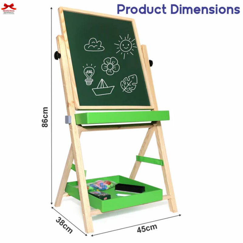 Green and wooden children's art easel with dimensions displayed